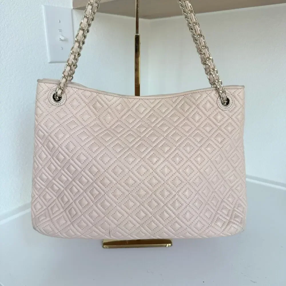 TORY BURCH Quilted‎ Leather Chain Tote Bag Pink Shoulder Purse Classic Luxury